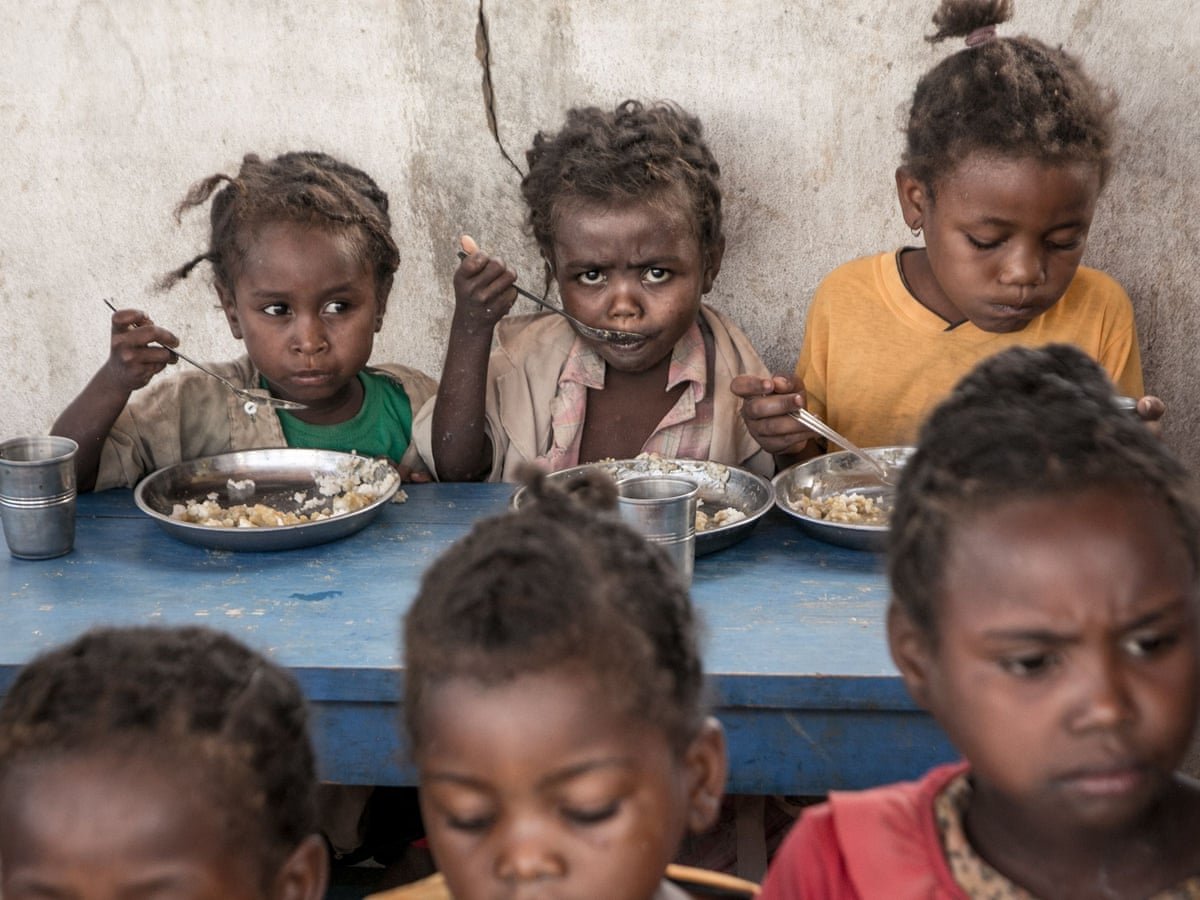 Children lining up with bowls at an open-air school kitchen on the savanna at sunrise